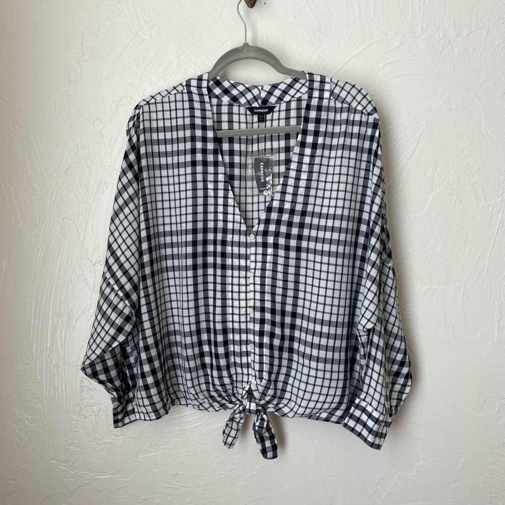 Nwt Express Button Down Plaid Tie Front Topl - image 1